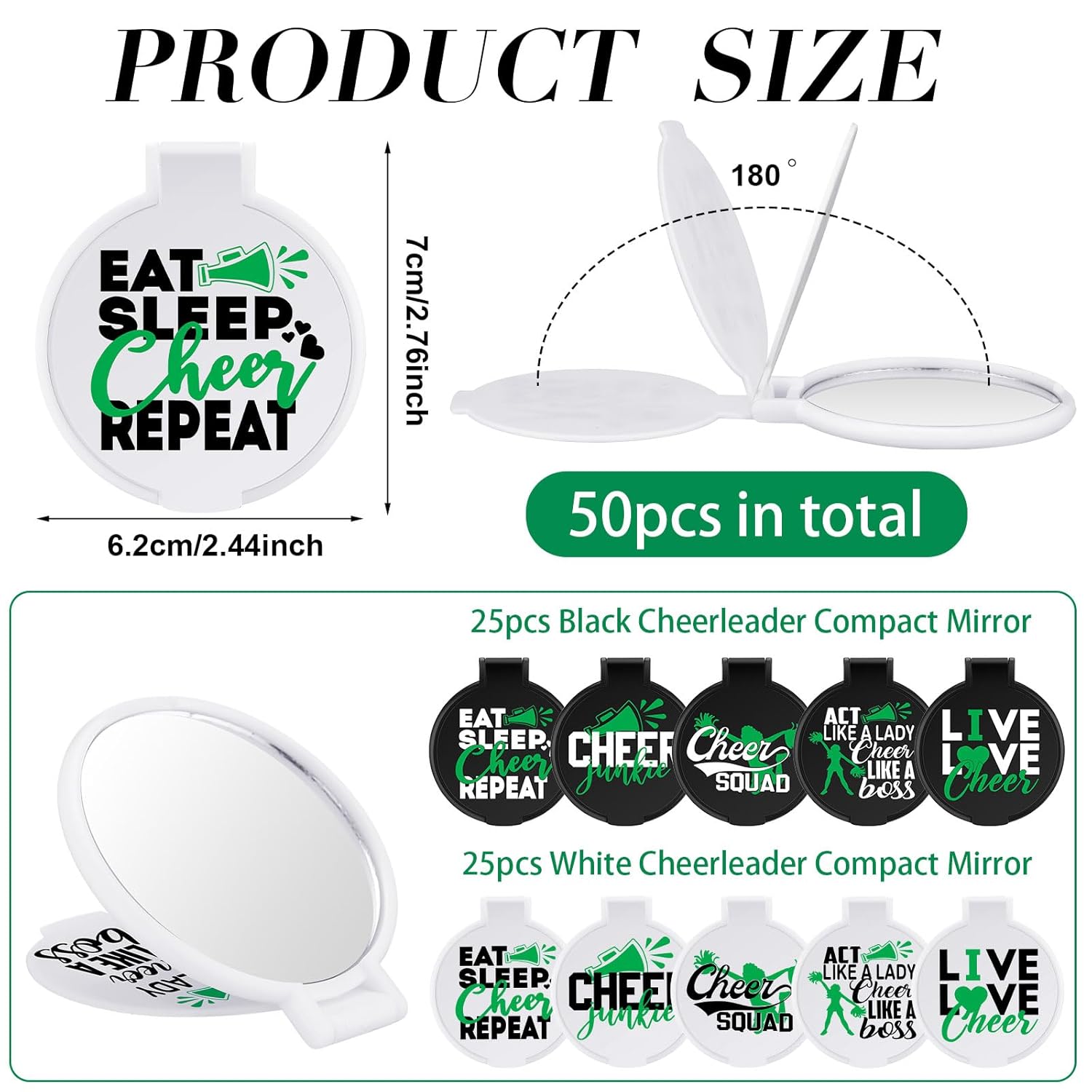 Wenqik 50 Pcs Cheerleader Mirror Gifts Bulk Cheerleading Compact Mirror Cheer Party Favors Folding Pocket Portable Makeup Mirrors for Football Rugby Game Team Friendship Gift(Green Cheer)