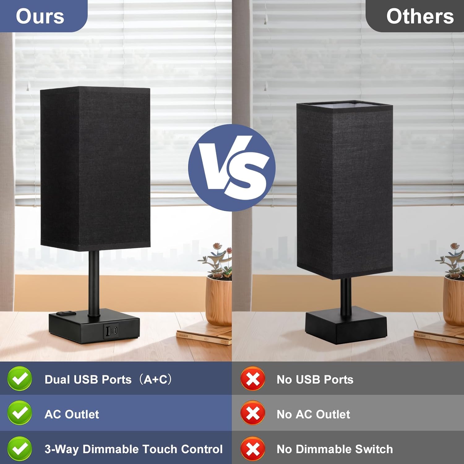 aooshine Black Lamp for Nightstand - Touch Table Lamp with Type C + A and AC Outlet, Square Charging Lamps for Bedroom Decor, Small Night Light for Office, Dorm Lamp for Men, E26 Bulb Included