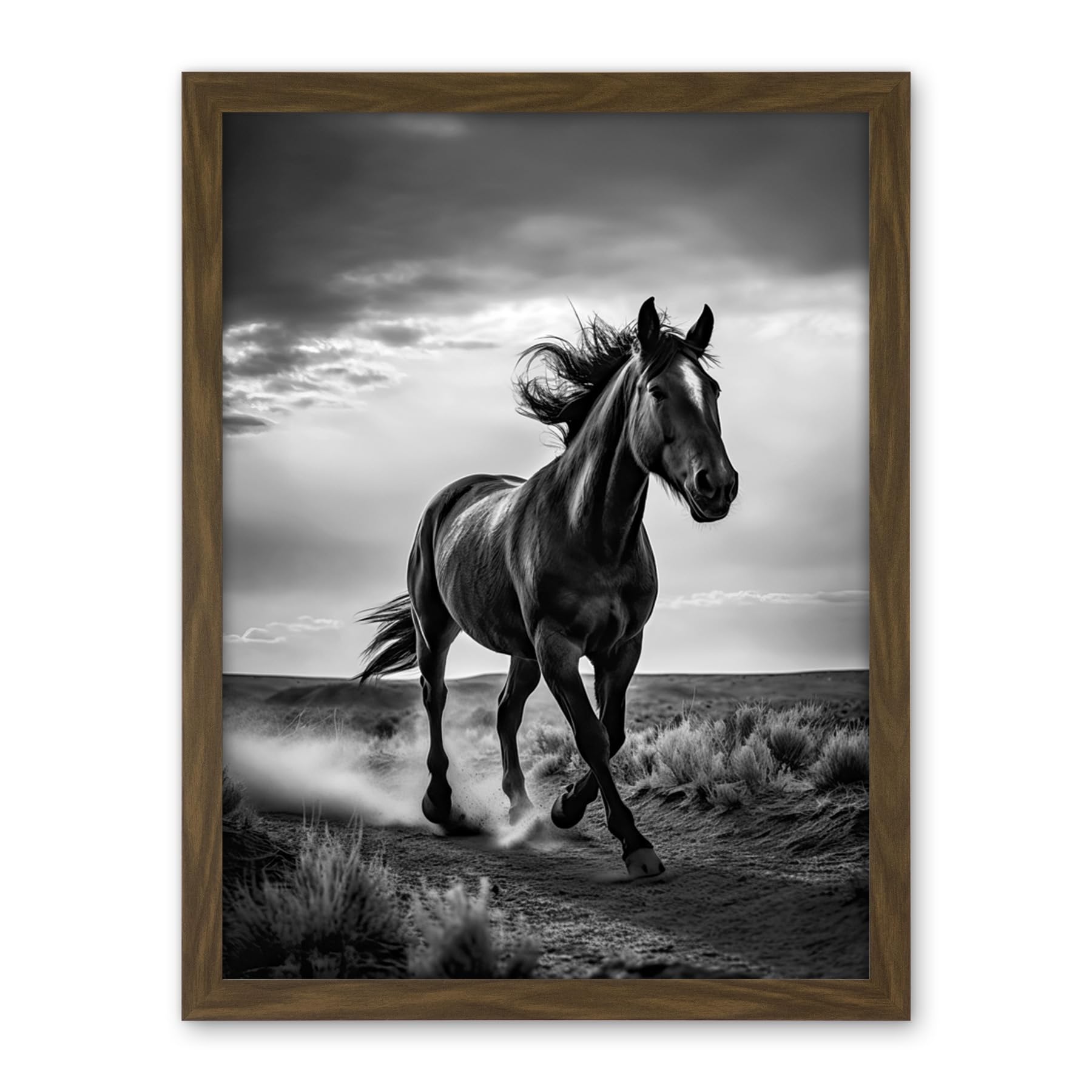 Artery8 Horse Galloping Desert Landscape Black and White Artwork Framed Wall Art Print 18X24 Inch