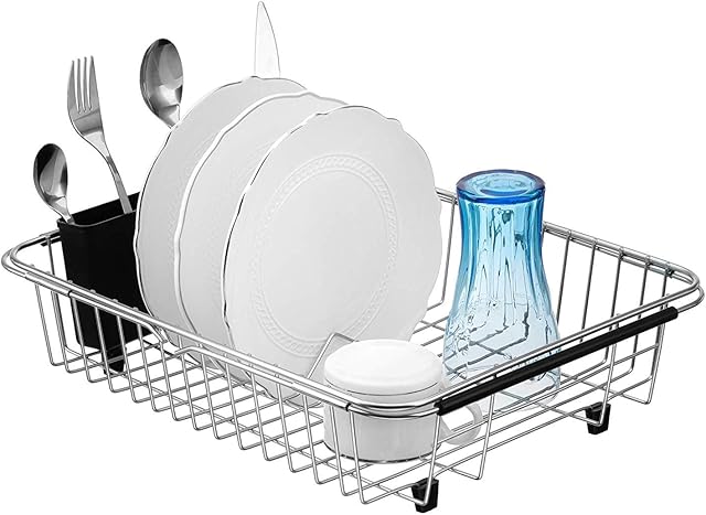 iPEGTOP Extendable Dish Drying Rack, Over The Sink in Sink Or On Counter Dish Drainer with Removable Utensil Holder, Rustproof Stainless Steel