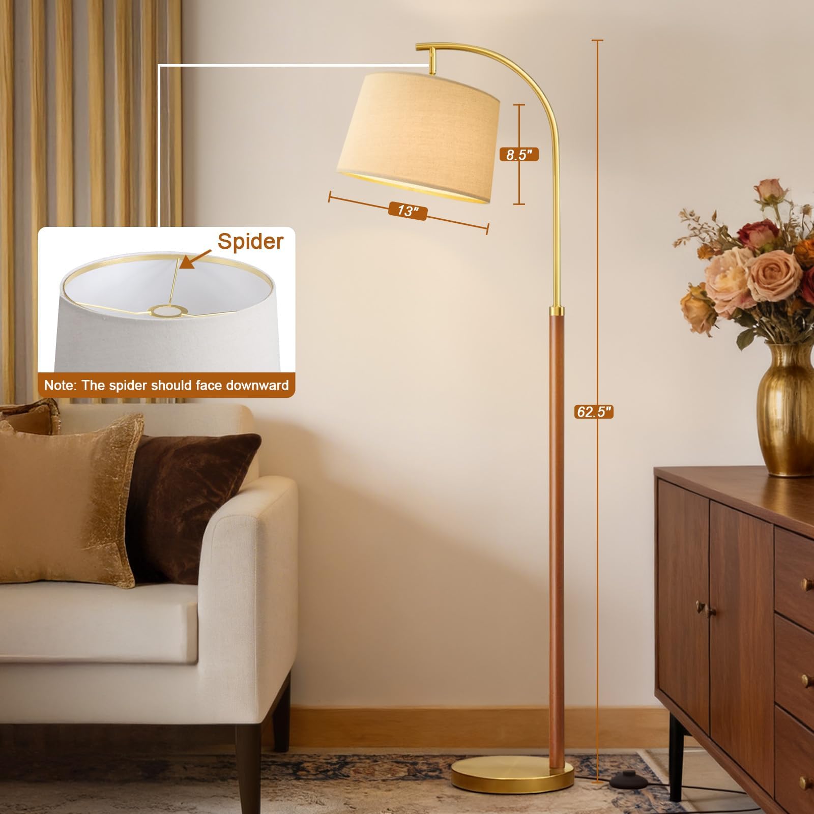G-SAFAVA Drewniana lampa podłogowa 158 cm do salonu, złota, z przełącznikiem nożnym, stojąca, wysokie lampy do sypialni, nowoczesne narożne lampy podłogowe do biura, przedszkola, przemysłowa lampa do