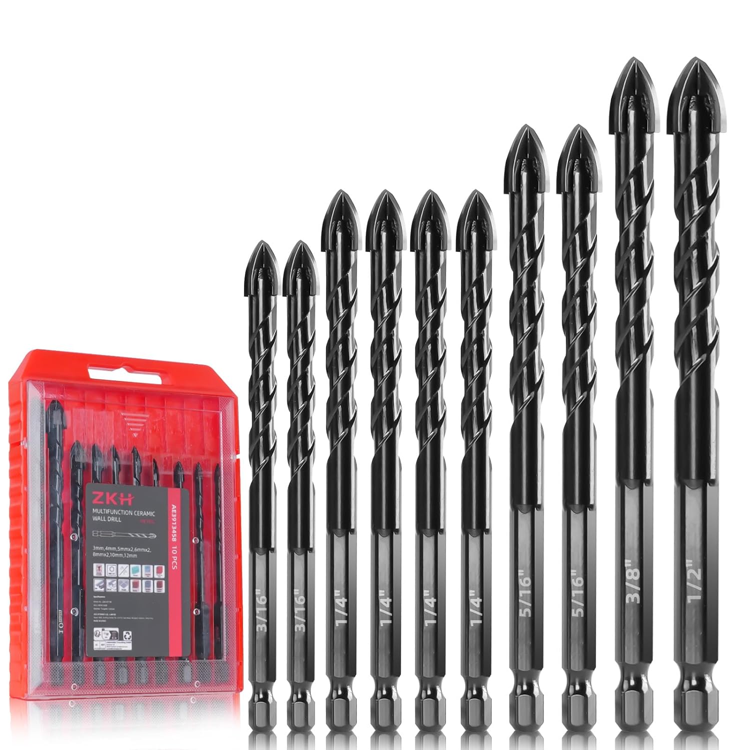 ZKH 10 PCS Masonry Drill Bit Set, Cement Drill bits Made of Cemented Carbide,3/16 to 1/2 inch Masonry Drill bits for Concrete,Ceramics,Glass, Brick Drill bit,Masonry bit.
