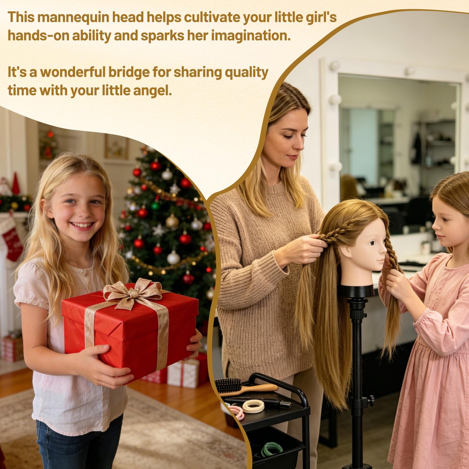 TwoWin Treningowa głowa lalki do ćwiczenia prawdziwych włosów głowy manekina do zaplatania makijażu i bezpłatny uchwyt zaciskowy (jasnobrązowy)
