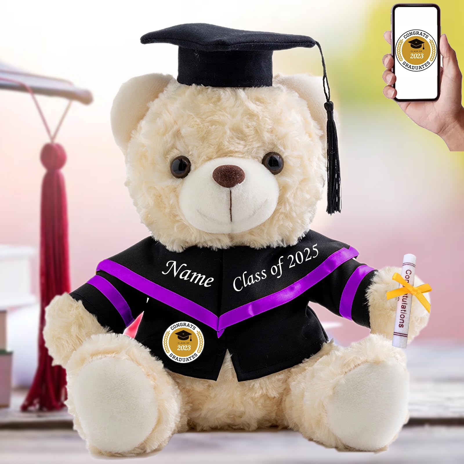 Personalised Graduation Teddy Bear, Graduation Gifts for Him/ Her with Text+ Photo, Graduation Bear as Personalised Kindergarten College Graduation Gifts for Graduation Day 2025 (8-IN-Text+Photo)