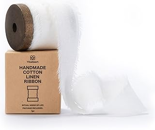 Sponsored Ad - Vitalizart White Cotton Linen Ribbon with Spool 1.5" x 5Yd Handmade Fringe Frayed Fabric Cloth for Wedding ...