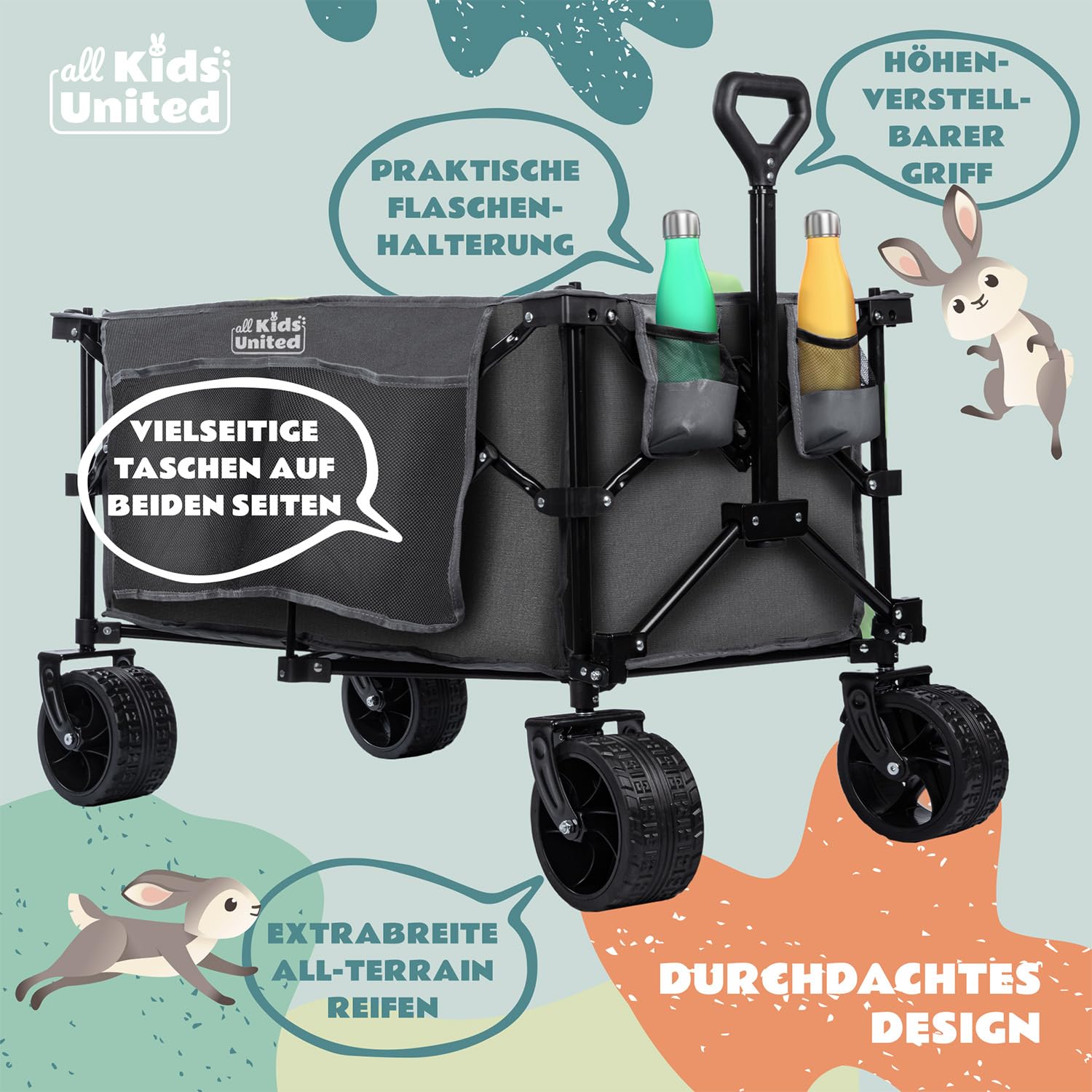 Faltbarer Bollerwagen Handwagen Transportkarre; Strand-Buggy bis 90L&150kg; XXL Geländeräder mit Bremse; Leiterwagen; Camping-Wagen für Strand, Garten & Outdoor; Verstellbarer Griff & Tasche (Grau)