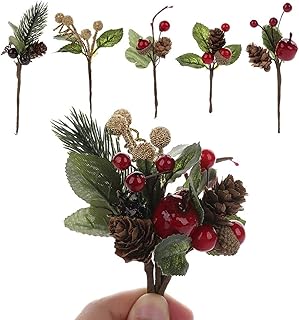 TRIEtree 20Pcs Artificial Berry Stems,Artificial Pine Picks, Mini Berry Pine Cone,Simulation Red Berries Branches with Green Leaves Decor for Christmas Tree Decoration