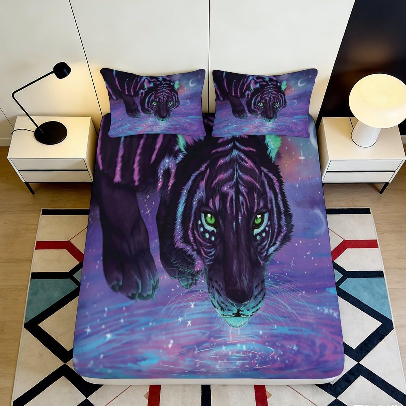 3D Printed Luminous Panther Fitted Sheet Microfiber Deep Pocket Bedroom Bedding Luminous Panther Mattress Fitted Cover Non-Slip for Adults Teens 120x200x25cm