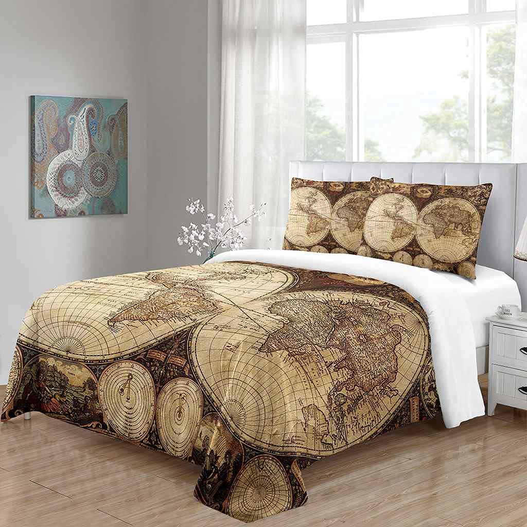 King Size 3-częściowy zestaw poszewek na kołdrę 3D vintage mapa świata z nadrukiem podwójna pościel poszewka na kołdrę z zamkiem błyskawicznym dla chłopców dziewcząt ultramiękka mikrofibra Aldult pościel 230 x 220 cm