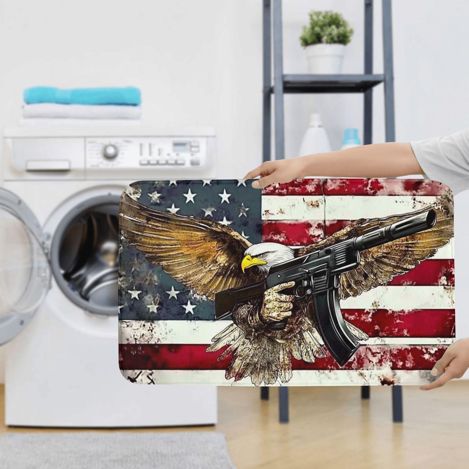 Juego de alfombras de baño de 3 piezas, diseño de bandera estadounidense y águila, tapetes de baño de espuma viscoelástica suave y absorbente y alfombra de inodoro en forma de U, decoración del hogar