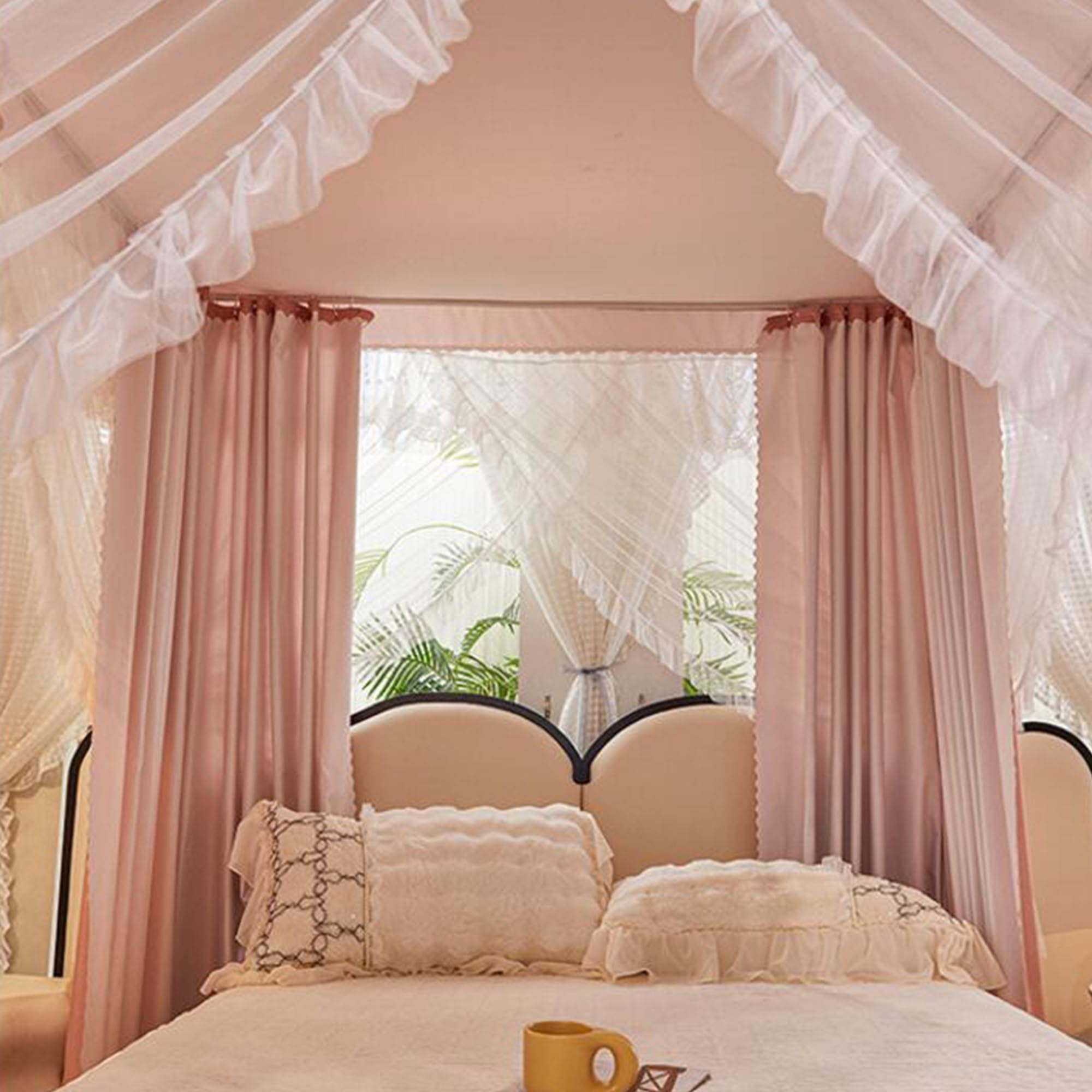 Himmelbett VorhäNge mit RüSchen, Prinzessin Canopy Bed Curtains, Drapiernetz mit 4 öFfnungen, Elegantes Moskitonetz für Mädchen und Erwachsene, Schlafzimmer, Dekoration,C,150 * 200cm* Without Stand