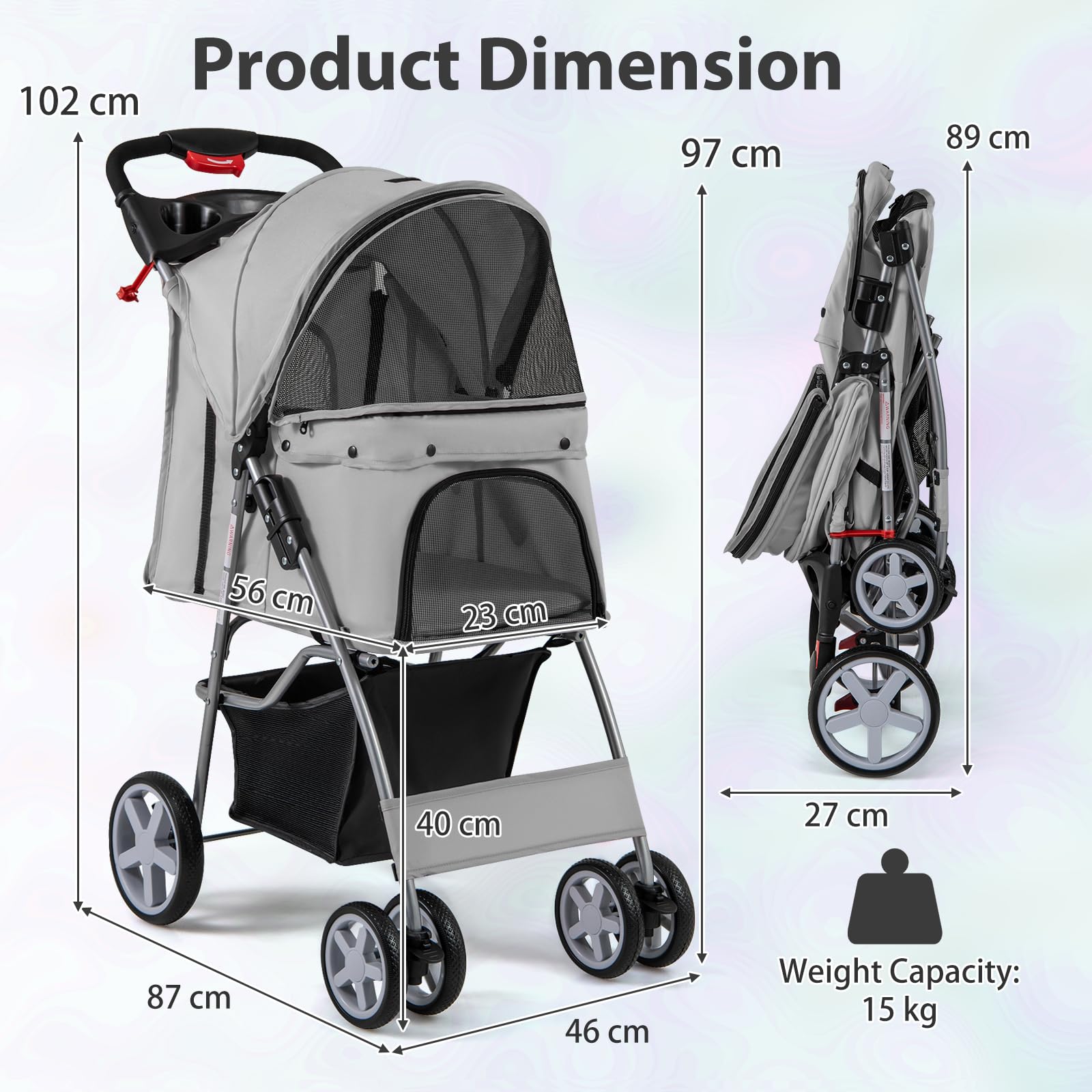 SOARS Hundebuggy, Hundewagen bis 15kg klappbar, Katzenwagen mit Netzfenstern & Getränkehalter & Aufbewahrungskorb, Haustier-Kinderwagen für kleine Haustiere (Grau)