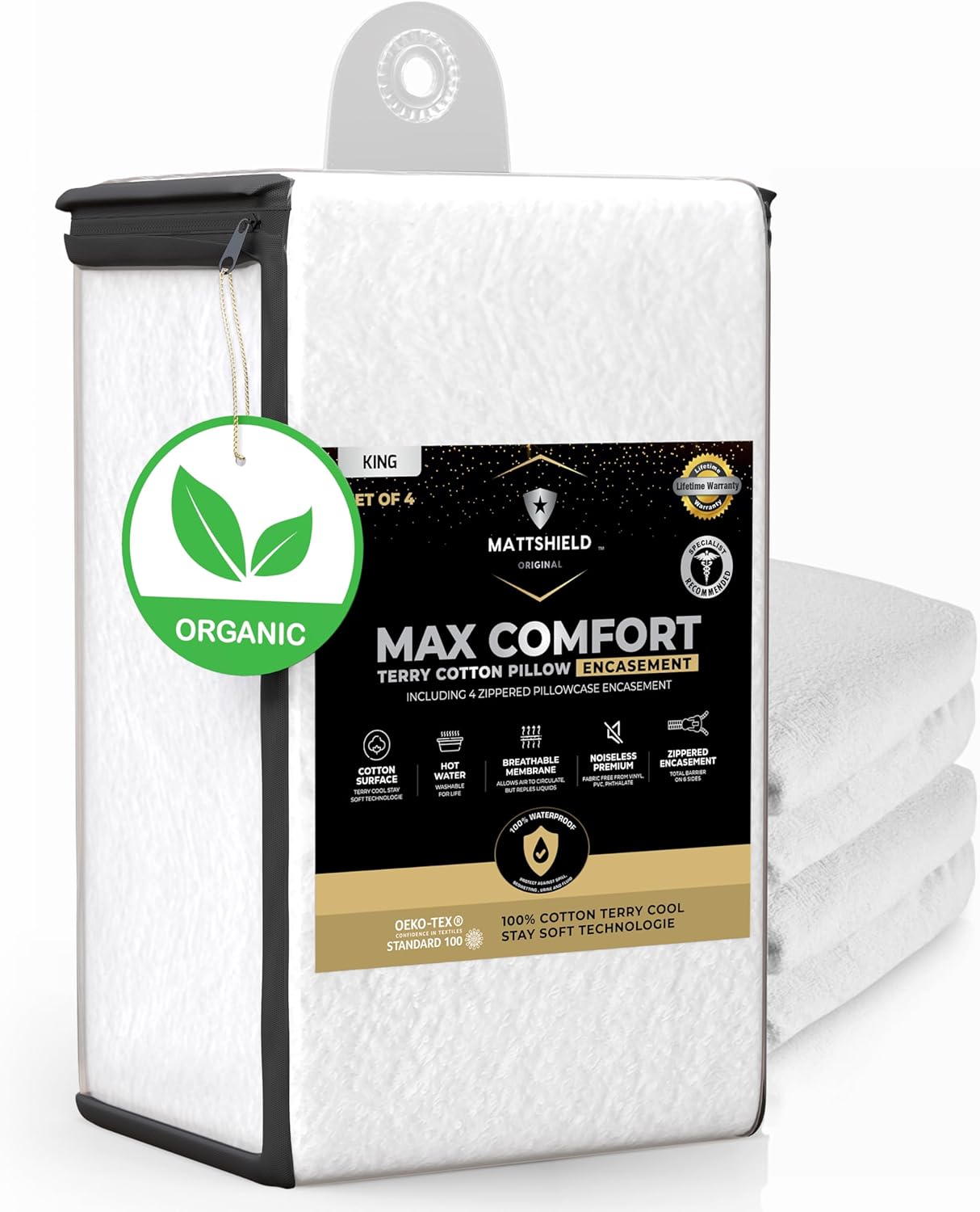 4-Pack MATTSHIELD Max Comfort Pillow Protectors, King — Zippered, 100% Waterproof, Organic Cotton Terry Surface, Quiet & Breathable Pillowcase Covers