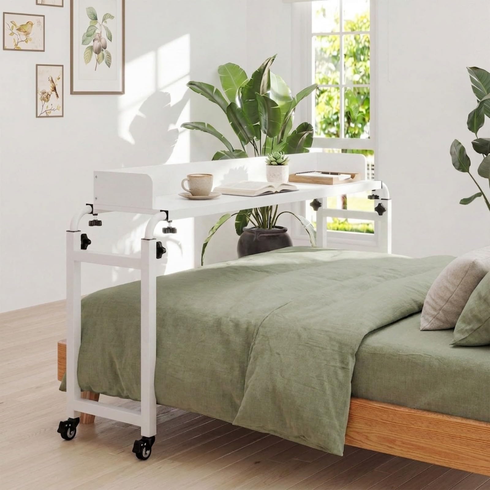 KOMFOTTEU Mesa de Sobrecama con Ruedas, 136-206 x 40 x 74-103 cm (Blanco)