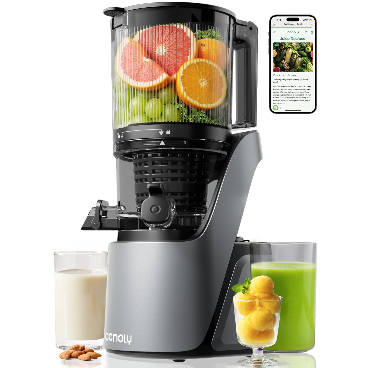 Canoly Entsafter 350W mit 152mm extra Großer Einfüllschacht, Slow Juicer mit 3-in-1 Sieb (für Saft, Sorbet & Nussmilch), AC-Motor, Entsafter gemüse und obst, Selbst-Vorschneidesystem, Grau