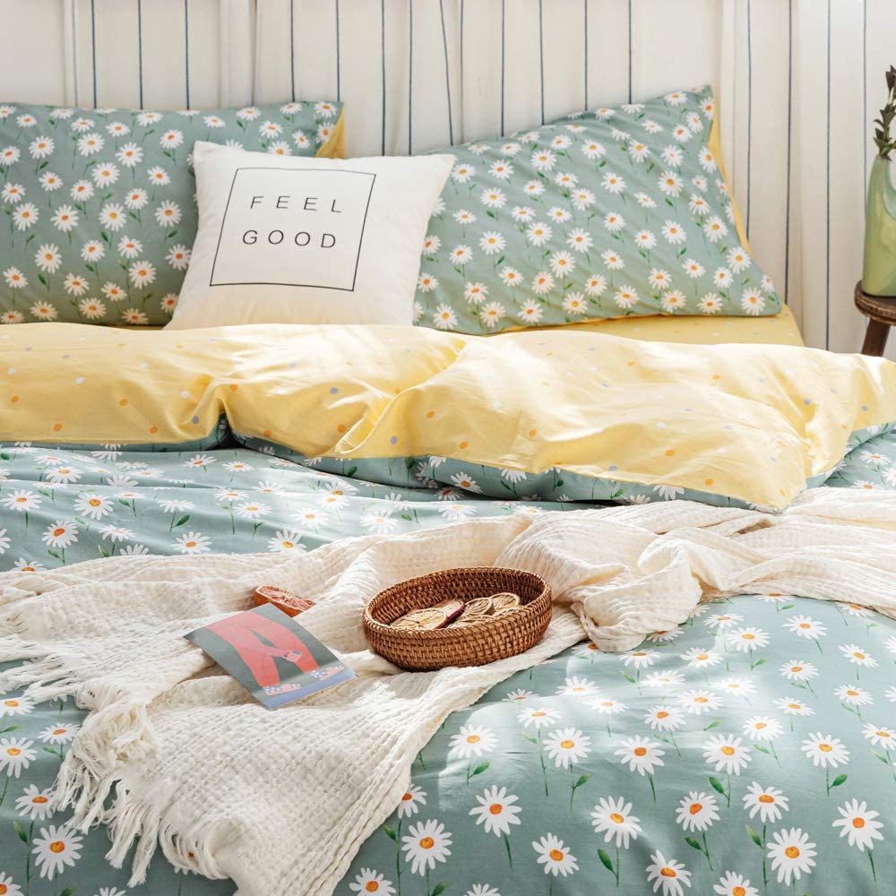 AMWAN Daisy Green Floral Duvet Cover Twin Cotton Girl Bedding Set, White Flower Print Comforter Cover With 2 Pillowcases - Image 3