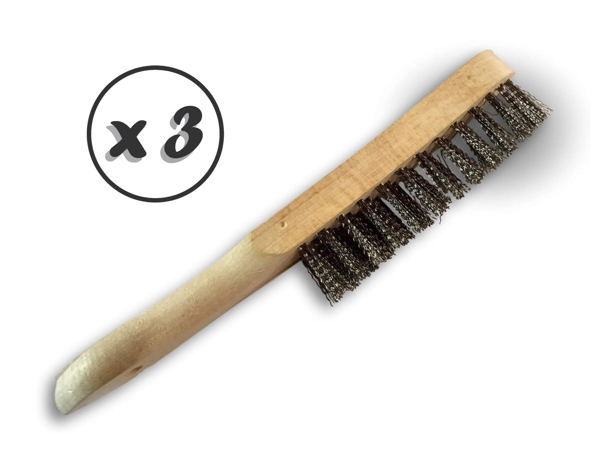 Standardowa szczotka druciana do spawania ręcznego | Zestaw 3 | 4-rzędowe wypełnienie ze stali nierdzewnej drutu falistego 30 mm | Drewniany uchwyt | Szczotkowanie usuwanie rdzy | Kibros 32I4x3