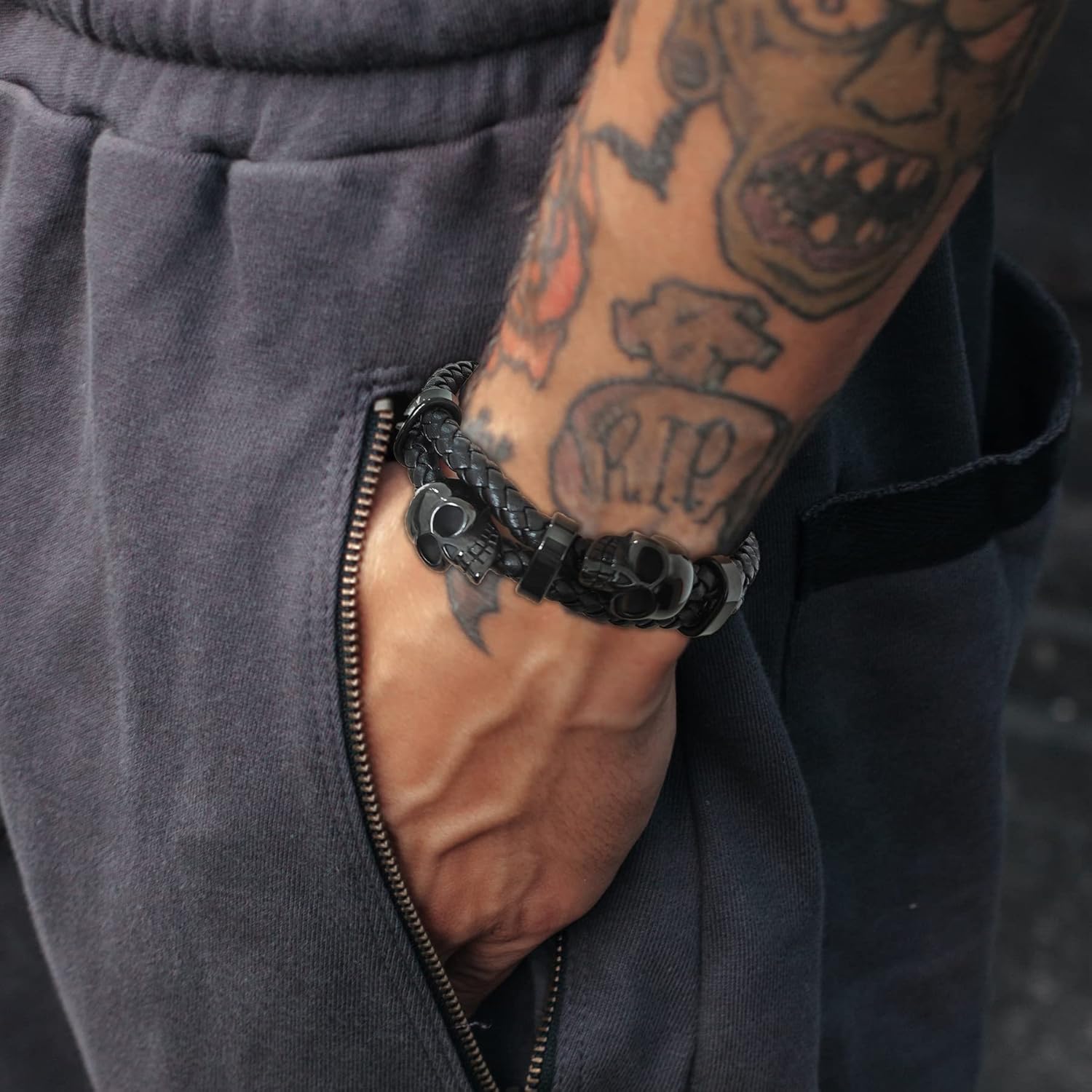 Mens Skull Double Row Leather Bracelet, Black or Silver Skull Braided Bracelet for Men, Mens Punk Jewelry