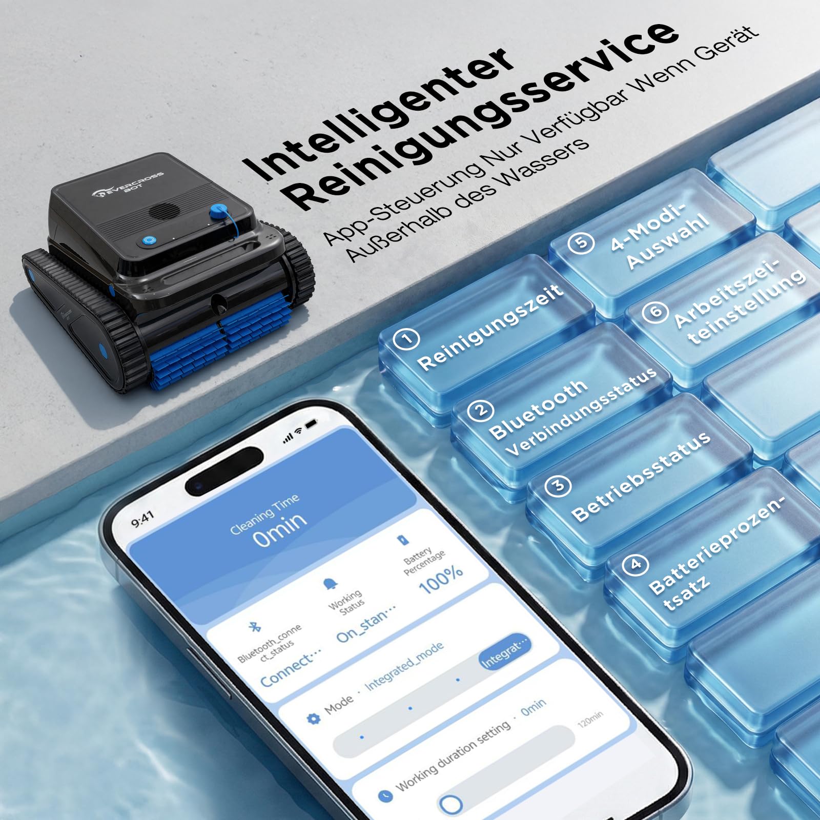 EVERCROSS BOT Robot de piscina inalámbrico con limpieza de pared y línea de