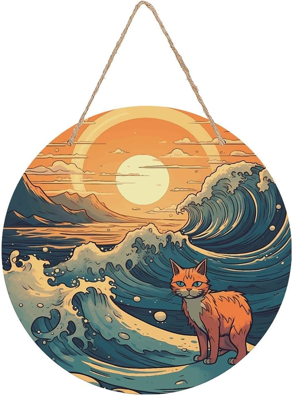 Anime Style Cat Round Wood Print Painting With Hemp Rope