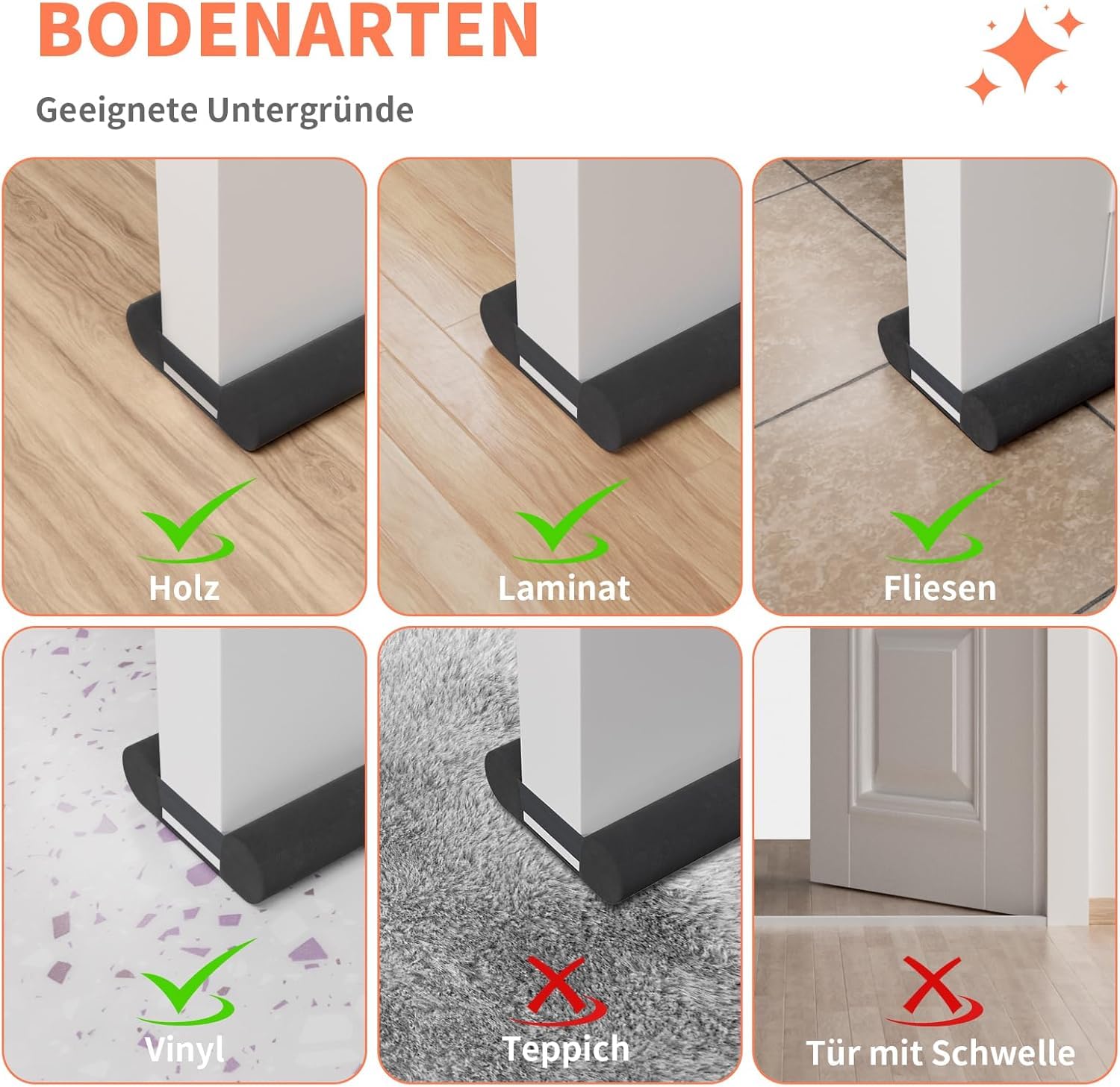 BKSAI Zugluftstopper für Türen Rückstandlos Türdichtung Haustür 60-110CM Windstopper Kälteschutz Schallschutz Unten Türbodendichtung Luftzugstopper gegen Zugluft, Schall & Insekten Waschbar