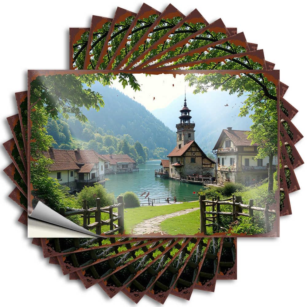 Man Cave Stuff Laptop Decals - Charming Village By The Lake with Historical Architecture Funny Durable Sticker Easy Apply for Tiki Decor(8X12CM)
