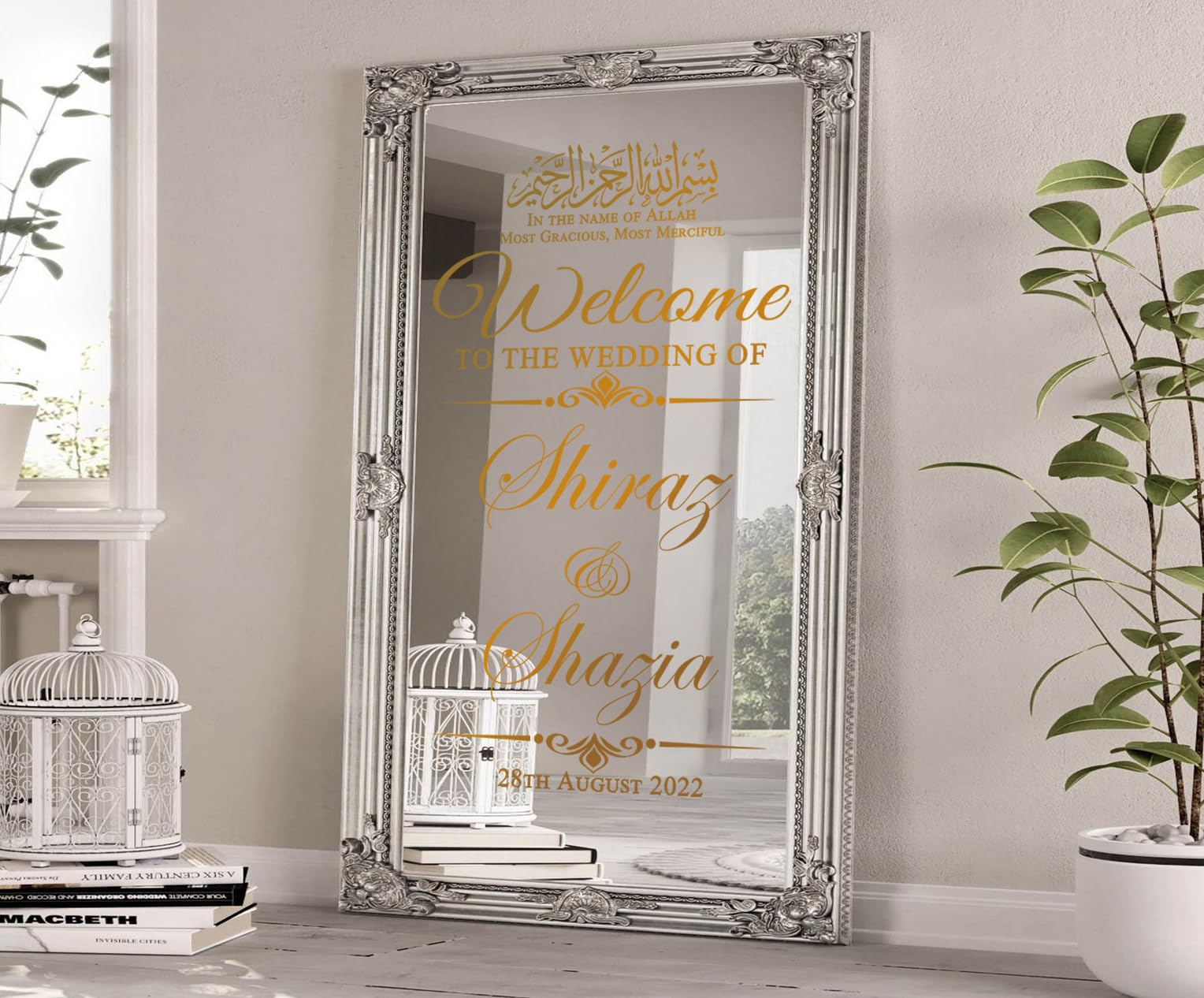 Pegatinas de espejo de boda islámicas personalizadas, bienvenido a la boda/Nikkah, calcomanía islámica personalizada para retrato (100 x 50 cm, oro metálico)