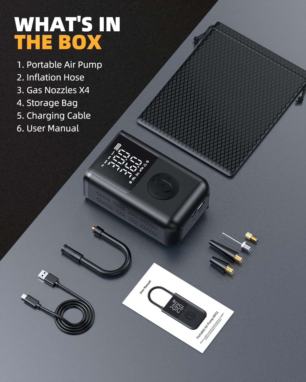 Tire Inflator Portable Air Compressor,160 PSI & 20000mAh Cordless Air Pump for Car Tires with Digital Pressure Gauge, Tire Pump Auto Shut-Off Portable Tire Inflator for Car, Motorcycle, Bicycle, Ball - Image 9