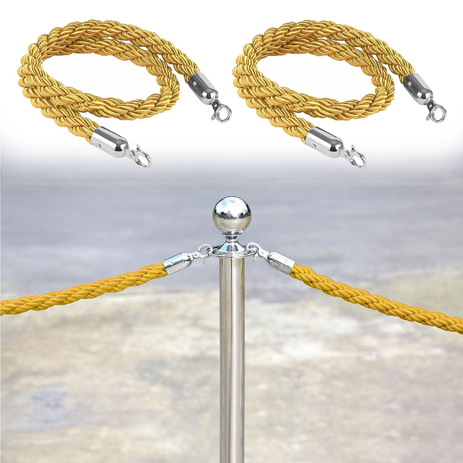 GDMDPTE Yellow Braided Hemp Crowd Control Rope 7ft Thick 3.2cm VIP Divider with Curved Hook Ideal for Event Management and Queue nization