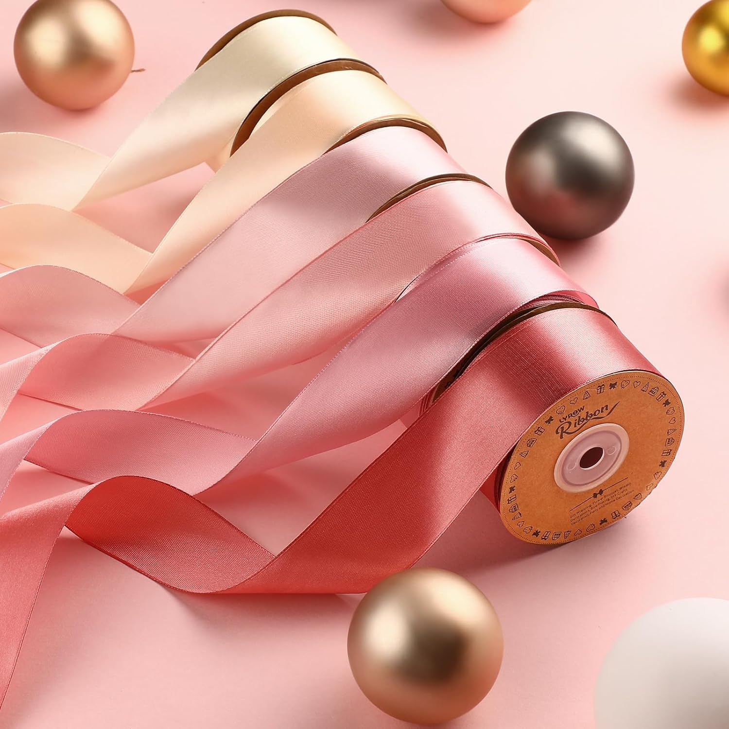 Lyrow 200 Yards Dusty Rose Satin Ribbon 1.5 Inch 6 Rolls Double Face Multicolor Ribbon for Gift Wrapping Flower Bouquet Bows DIY Crafts Birthday Party Decorations