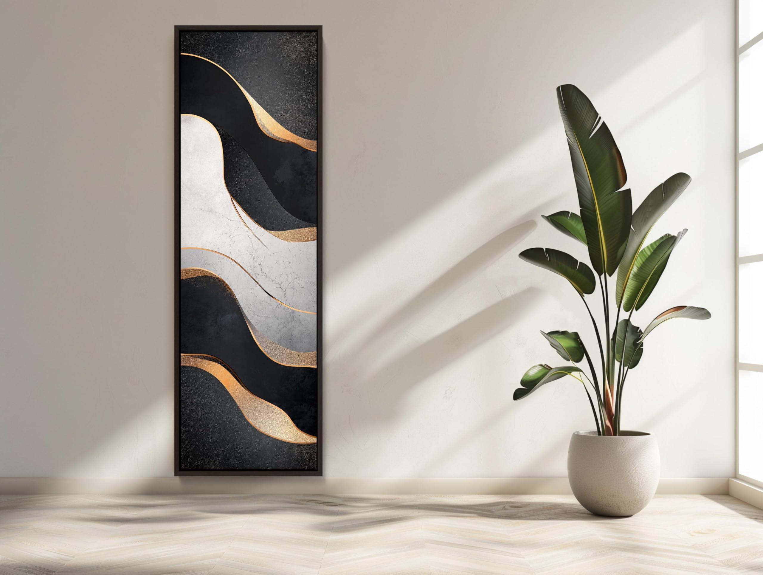 TONGYINLI Abstract Aesthetic Painting, Black and White Gold Canvas Print, Modern Vertical Wall Art for Living Home Decor Artwork(65x195cm/Frameless)
