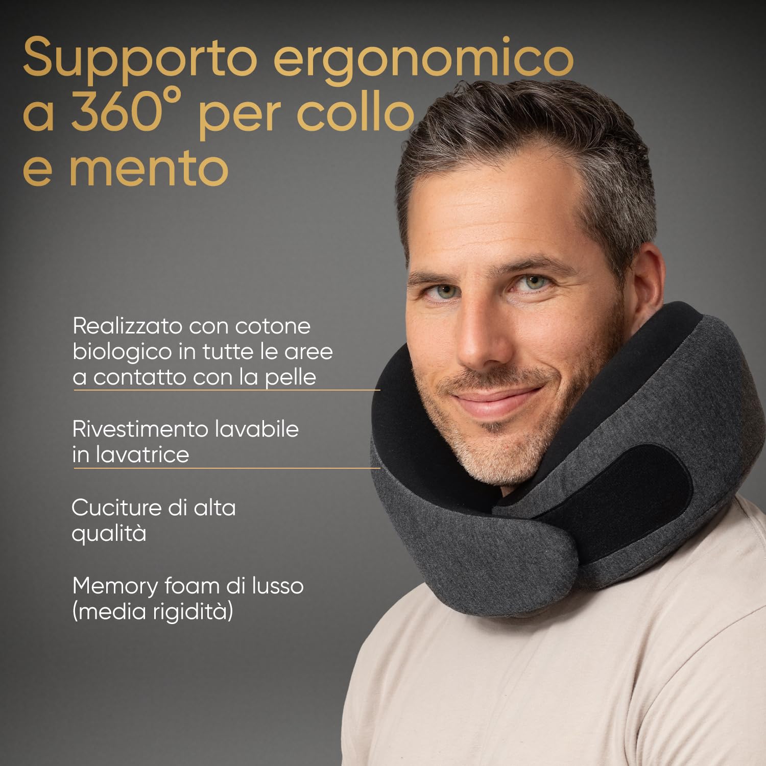 Proglobe Luxe Cuscino Cervicale da Viaggio 360°, Nero Cenere | Memory foam con fodera lavabile in cotone biologico e borsa da trasporto compatta.