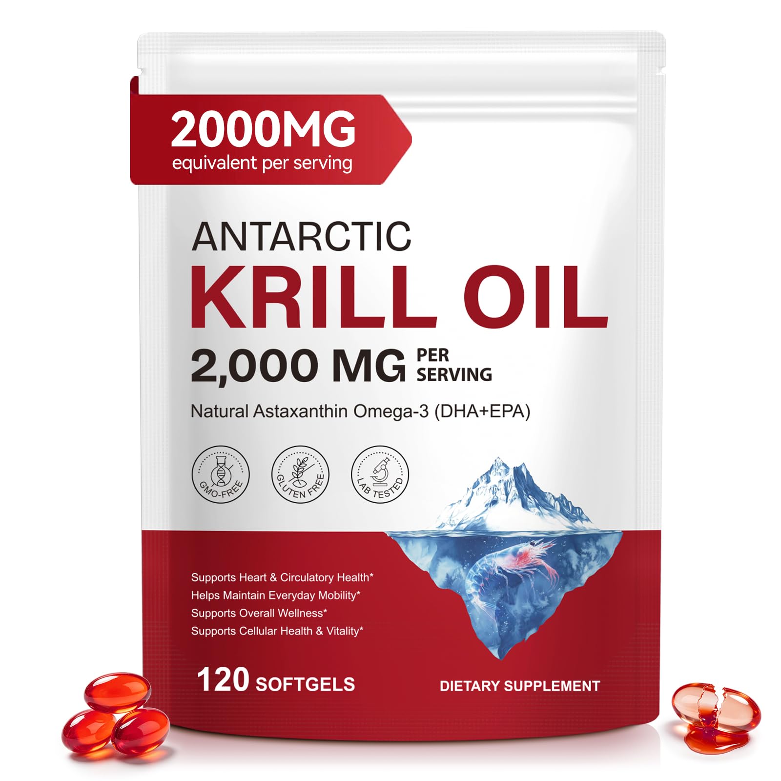 Antarctic Krill Oil 2000mg Softgels with Omega-3s EPA, DHA, Astaxanthin and Phospholipids, Supports Immune System &amp; Heart Health, No Fishy Aftertaste, 120 Softgels