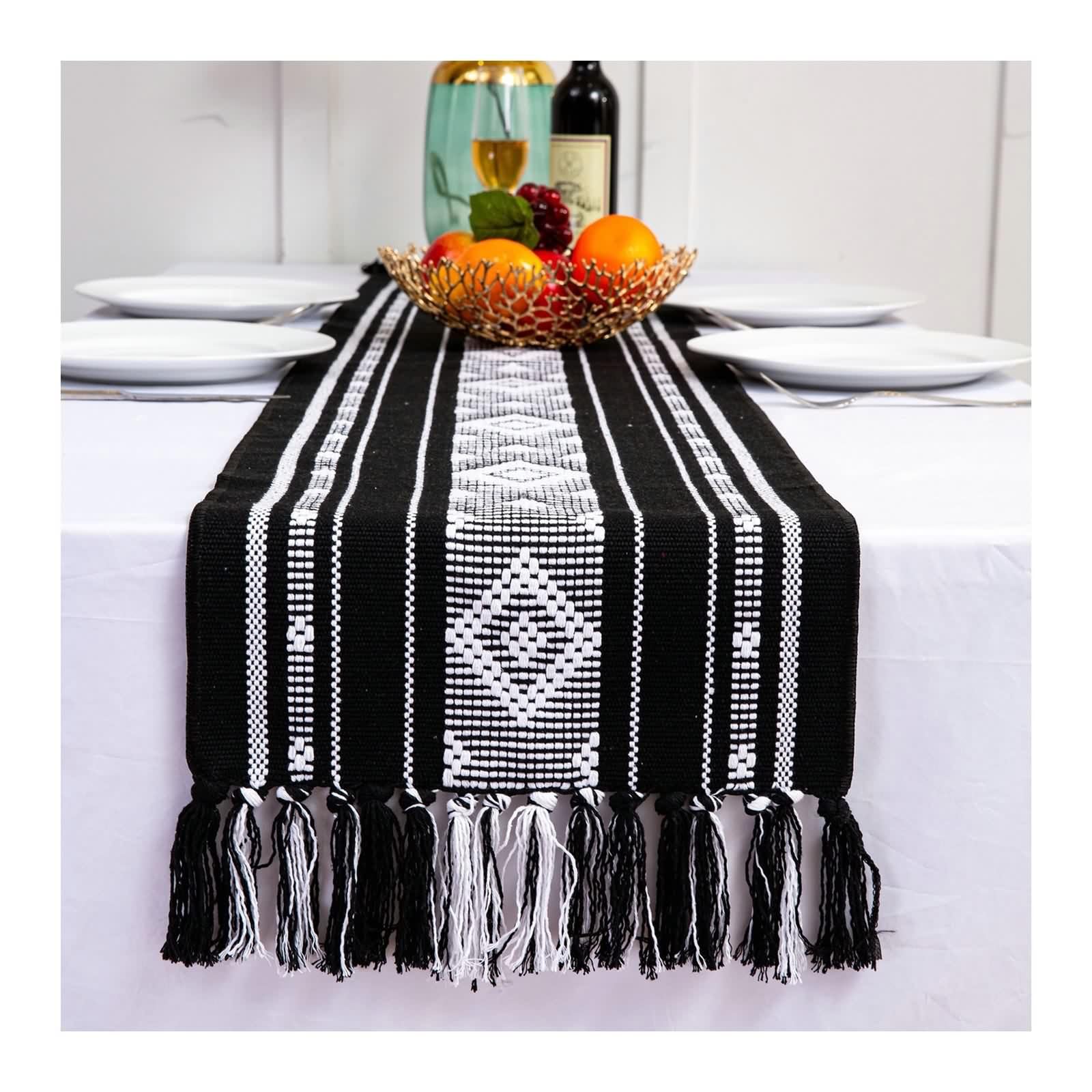 Tischläufer Leinen Gestreift, Tisch Läufer Modern Schwarz Plaid Table Runner Tischdeko Geburtstag Hochzeit Party 34x220cm