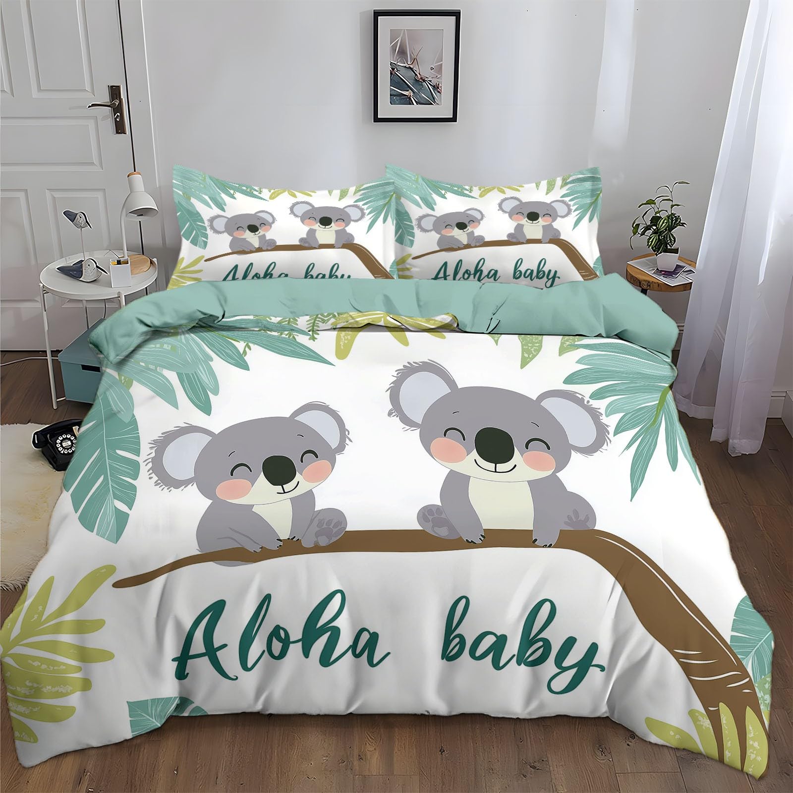 California King Duvet Cover Cartoon Animal Koala Leaves Cal King Bedding Duvet Cover Set, 3 Pieces, Soft and Breathable Comforter Cover with 2 Pillow Shams, for All Season
