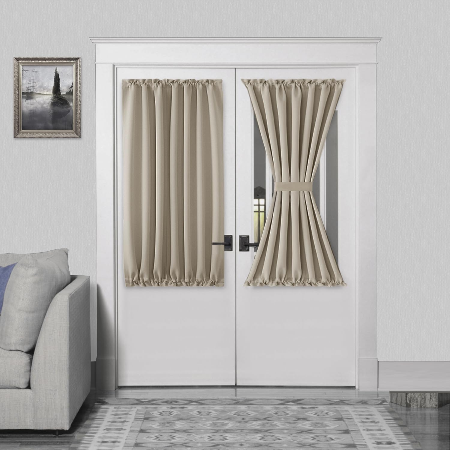 DWCN French Door Curtains – Rod Pocket Thermal Blackout Curtain for Doors with Glass Window, Kitchen and Patio Doors for Privacy, 54 X 40 Inches Long, 1 Curtain Panel with Tieback, Taupe — image 1