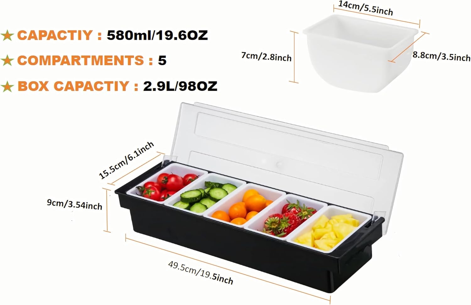 Ice Chilled Condiment Caddy Serving Container with Lid,5 Compartments | Fruit Veggie Caddy Removable Compartment Garnish Station Server Organizer for Ice Cream Taco Salad Bar Home Restaurant