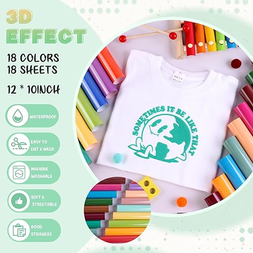 Miniatura 2 de Tintnut Puff Vinyl Heat Transfer - 18 Sheets 12 x 10inches 3D Puff HTV Heat Transfer Vinyl Foaming Puff HTV Colorful Puffy HTV Iron on Vinyl for
