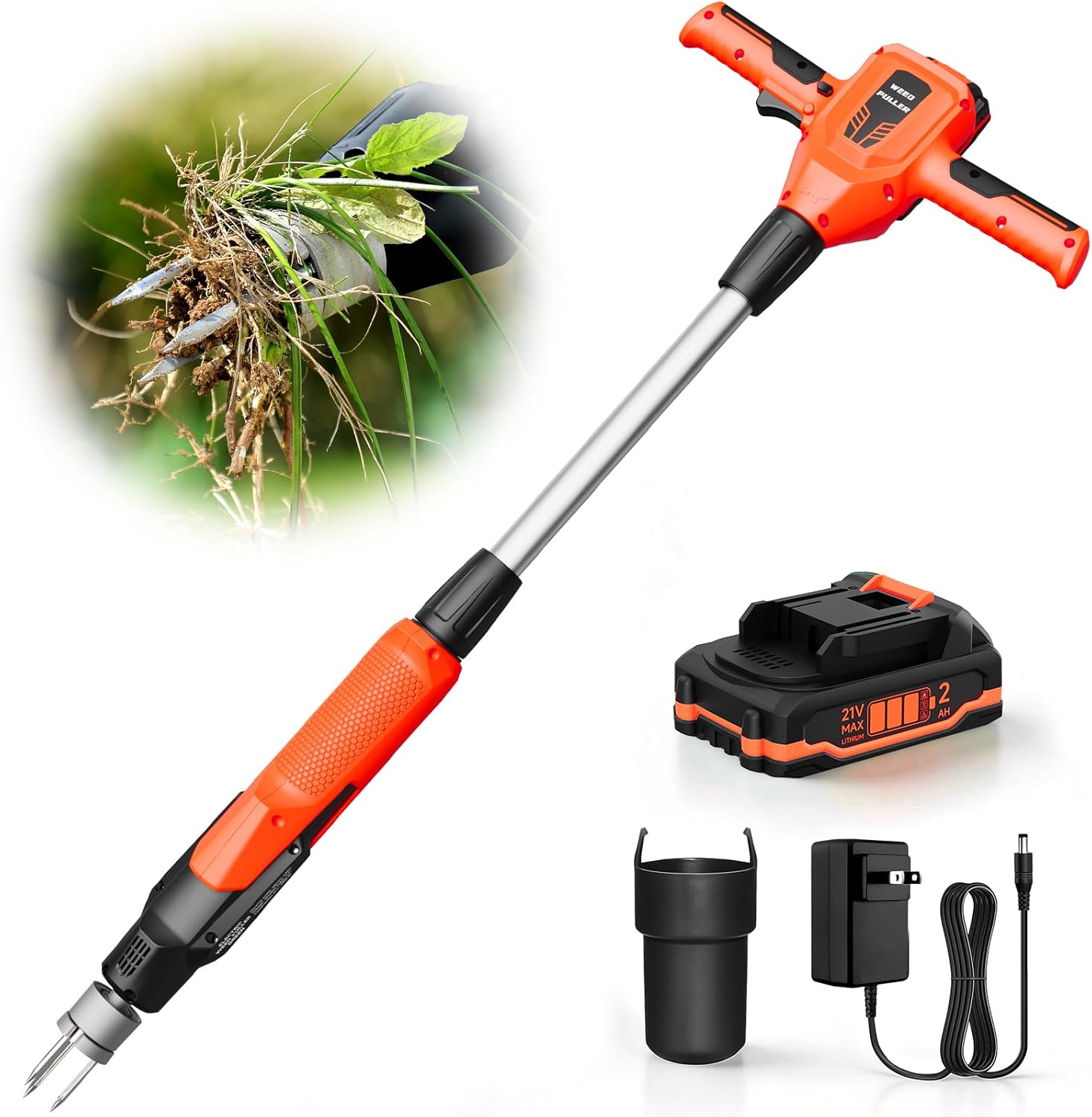Weed Puller Tool, 21V Powerful Electric Weeder Tool with 2.0Ah Battery and Charger, Garden Tools Weed Pulling Tool with 3-Claw Steel Head for Smooth Weeding, Ideal Gifts for Men Women Mom Dad, Orange