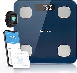 Silvergear® Körperfettwaage | Personenwaage Digital | Bluetooth Körperfettwaage mit App | Smart Waage für Körperanalyse, Muskelmasse & BMI | 27x27cm | Blau