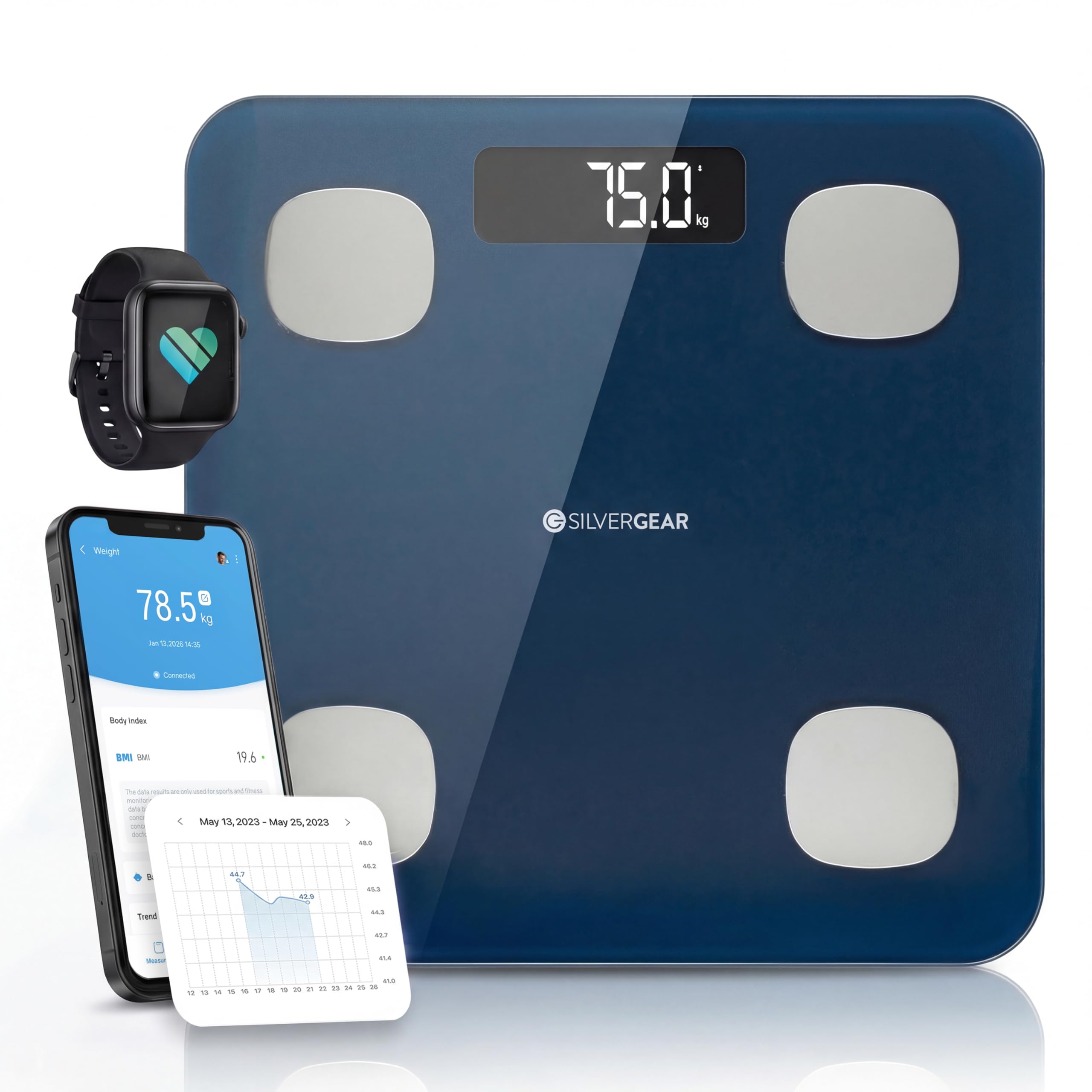 Silvergear® Körperfettwaage | Personenwaage Digital | Bluetooth Körperfettwaage mit App | Smart Waage für Körperanalyse, Muskelmasse & BMI | 27x27cm | Blau
