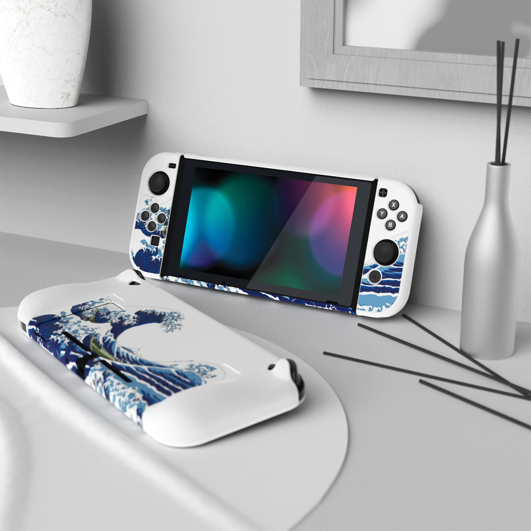 PlayVital Upgraded Dockable Case für Nintendo Switch, Ergonomische Hülle für Nintendo Switch für Joycon, trennbare Schutzhülle Tasch(Die große Welle)
