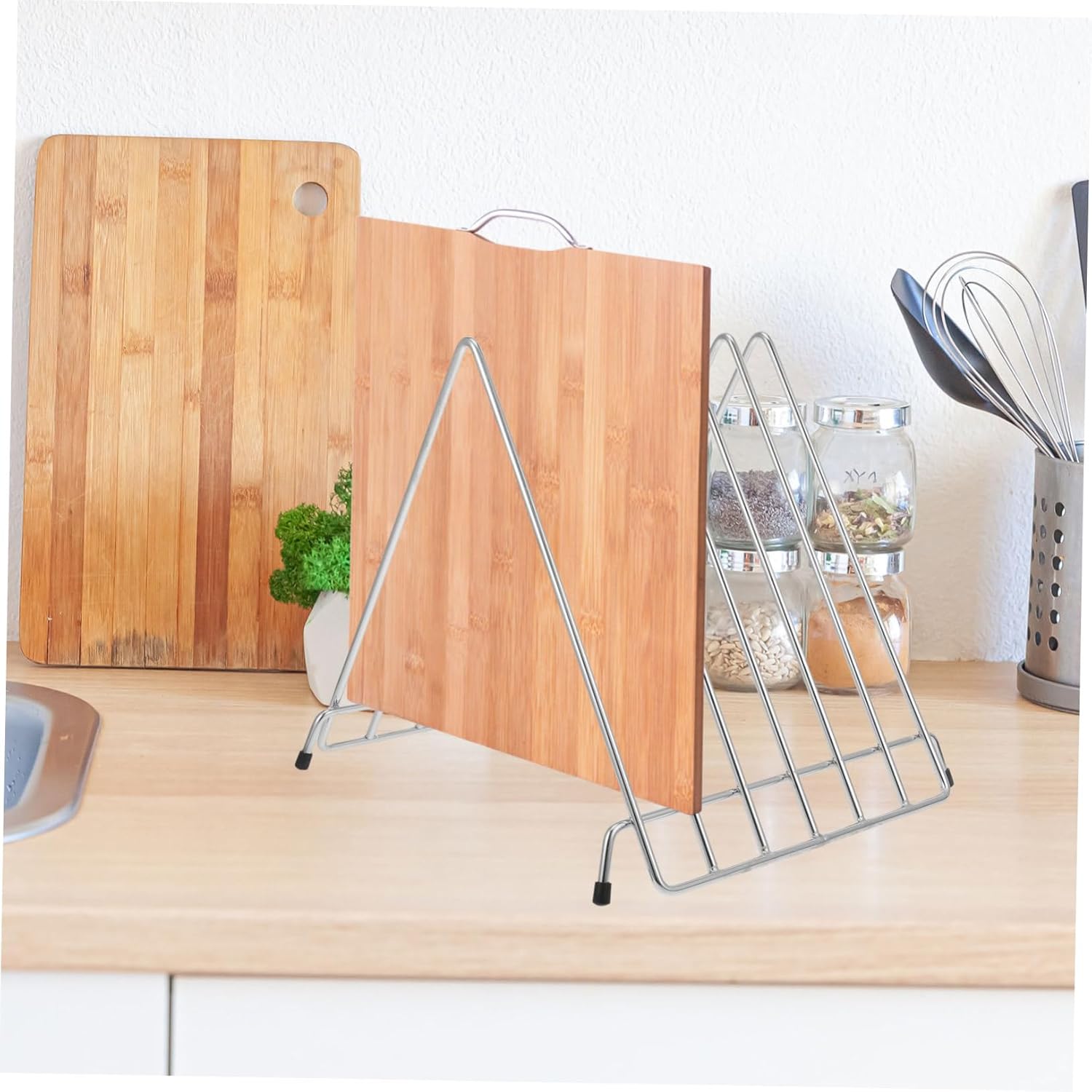 Alipis Stainless Steel Cutting Board Rack with Dividers Corrosion Resistant Kitchen Organizer Stand for Pizza Boards and Cutting Tools Space Saving Storage Rack with Hollow Design for