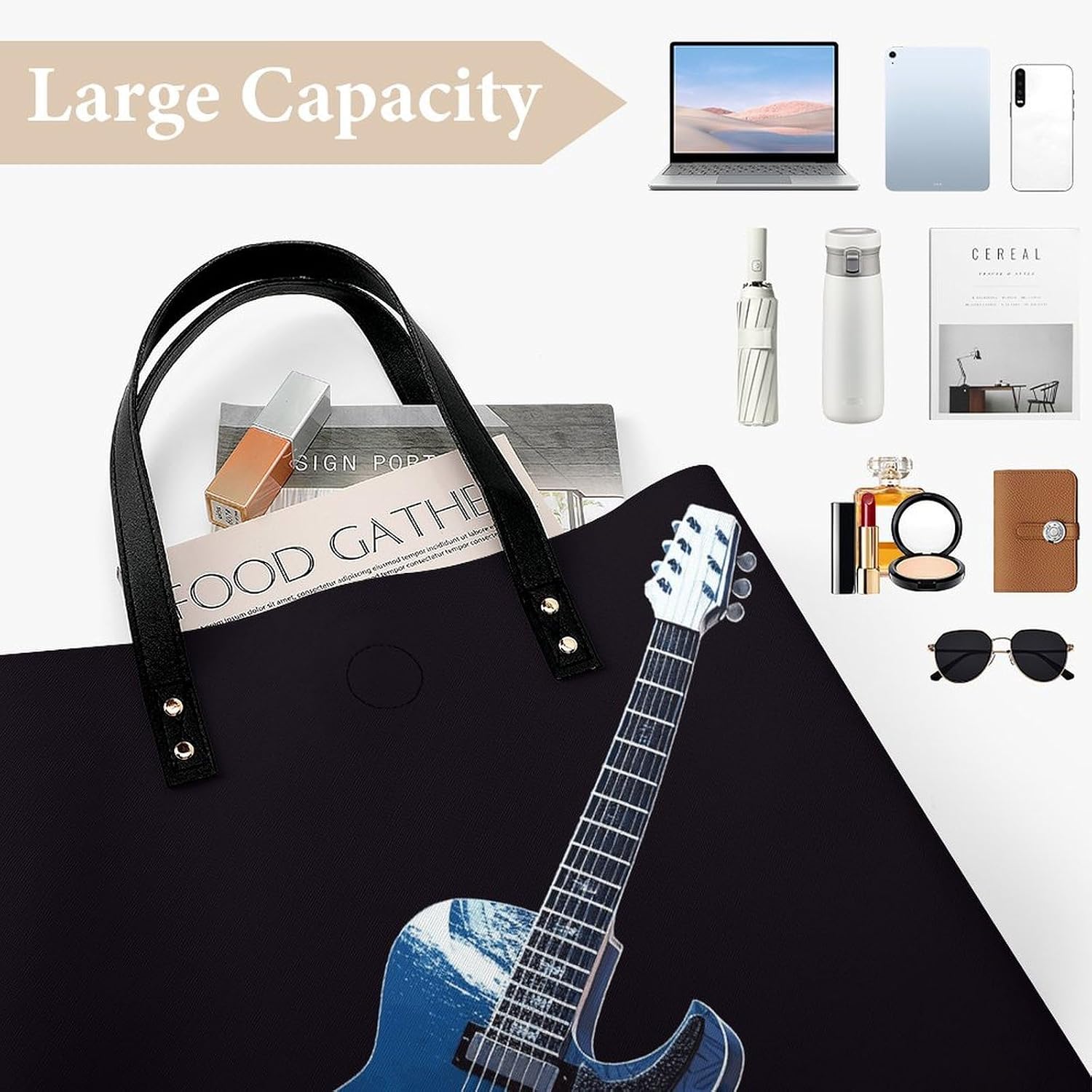 Blue Guitar Tote Bag with Magnetic Buckle Reusable Grocery Bags Lightweight Cross Body Handbag for Daily Essentials