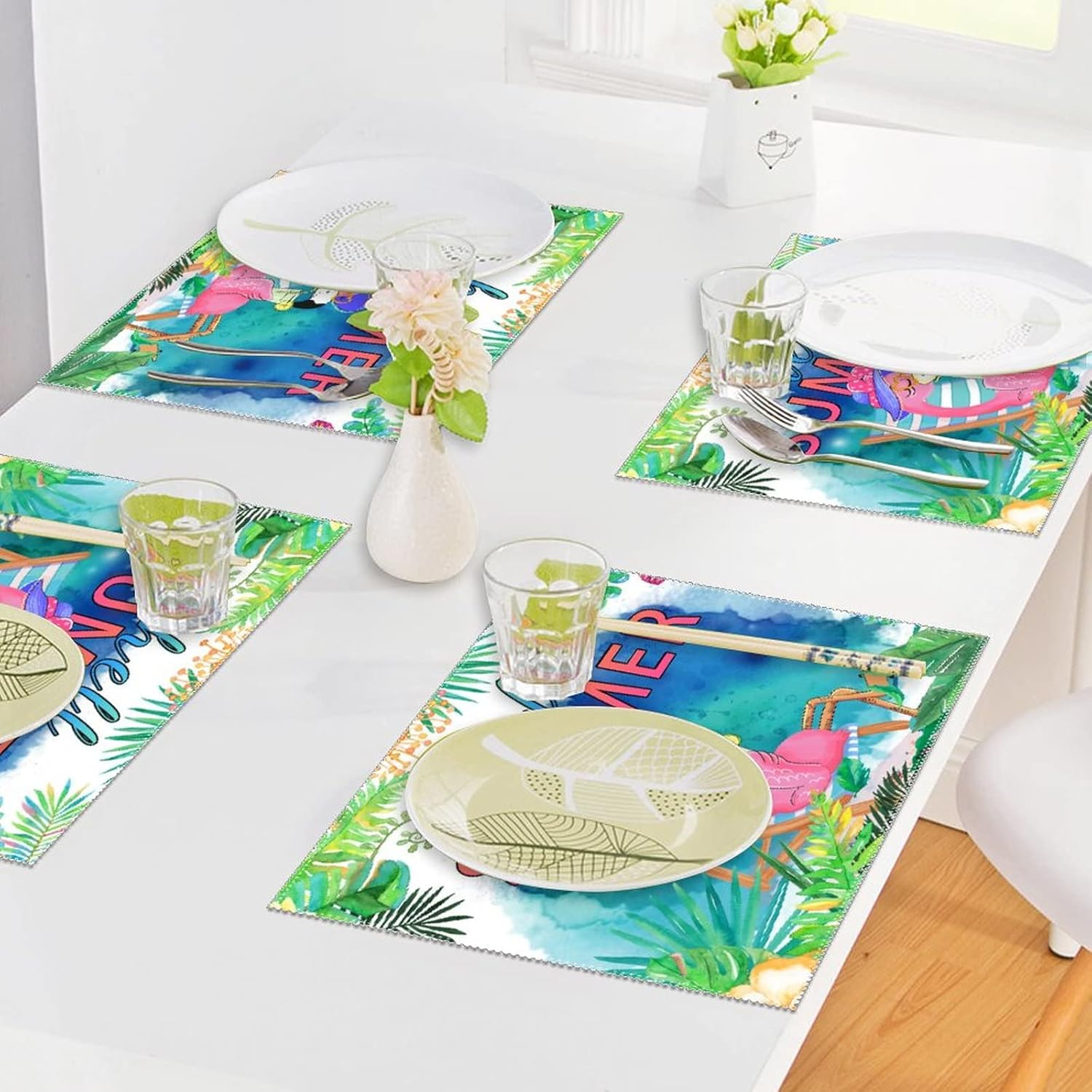 Place Mats 6 PCS Hello Summer Flamingo Kitchen Table Mats Non-Slip Stain Resistant Pad Placemat Tropical Leaves Flowers Bird Table Mat Kitchen Table Mats Easy to Clean