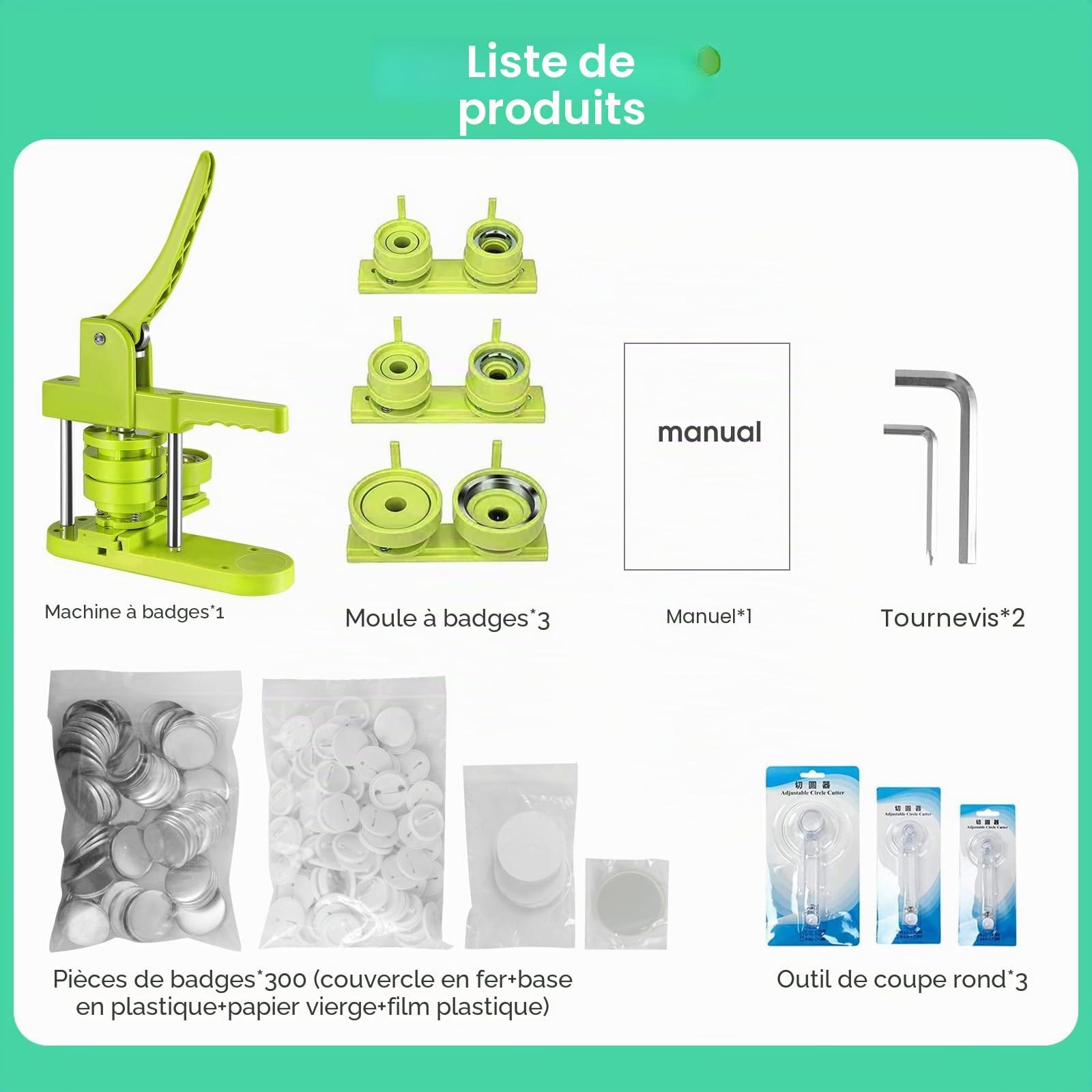 Machine à boutons 58 mm/32 mm/25 mm, machine à fabriquer des boutons avec 300 pièces de badge, presse à badges DIY push-pull pour la fabrication d'épingles cadeaux DIY