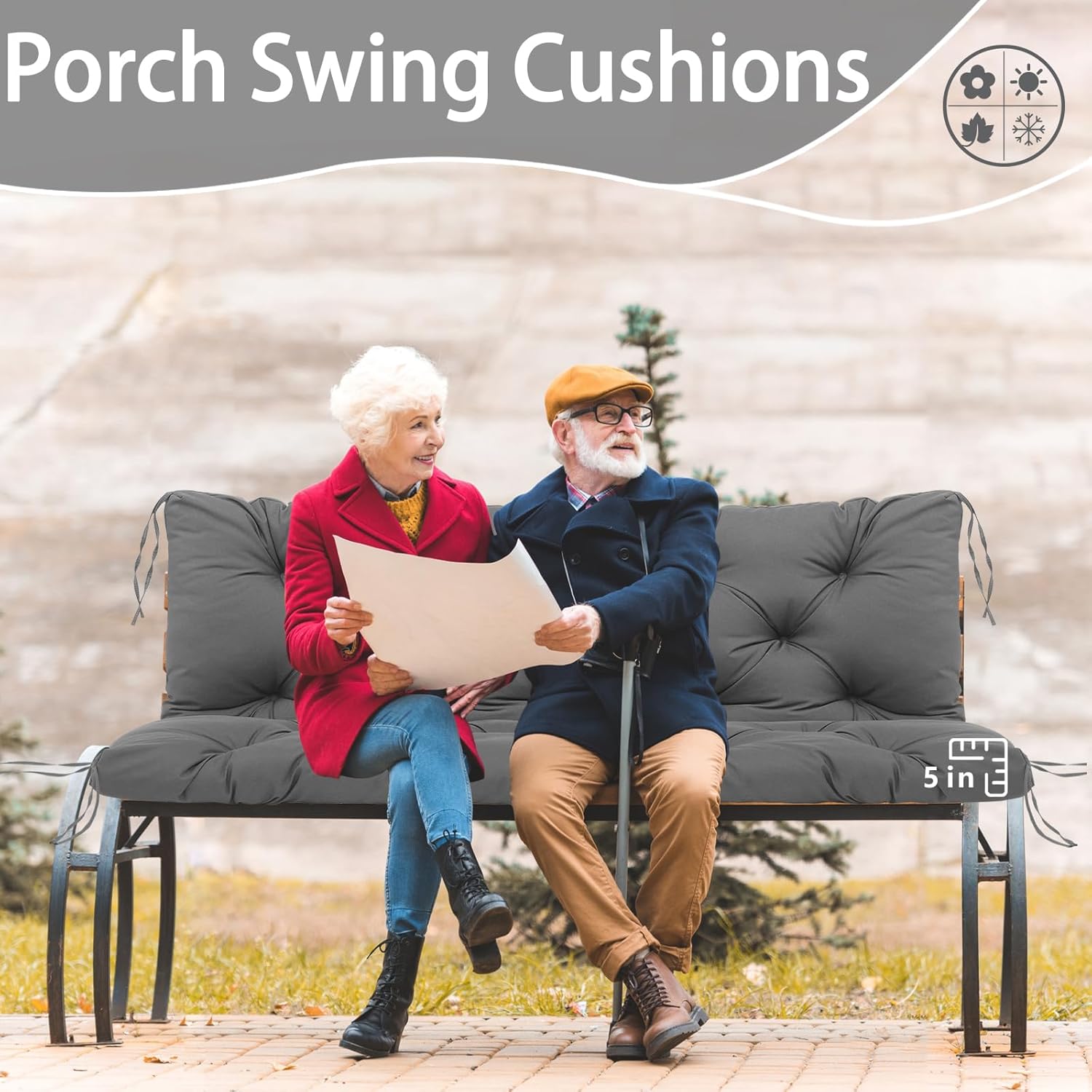 60 Inch Outdoor Swing Cushions Waterproof Extra 5" Thick 3 Seater Porch Swing Replacement Cushions with Backrest and Ties Fade-Resistant for Outdoor Patio Long Bench Furniture(Dark Gray)