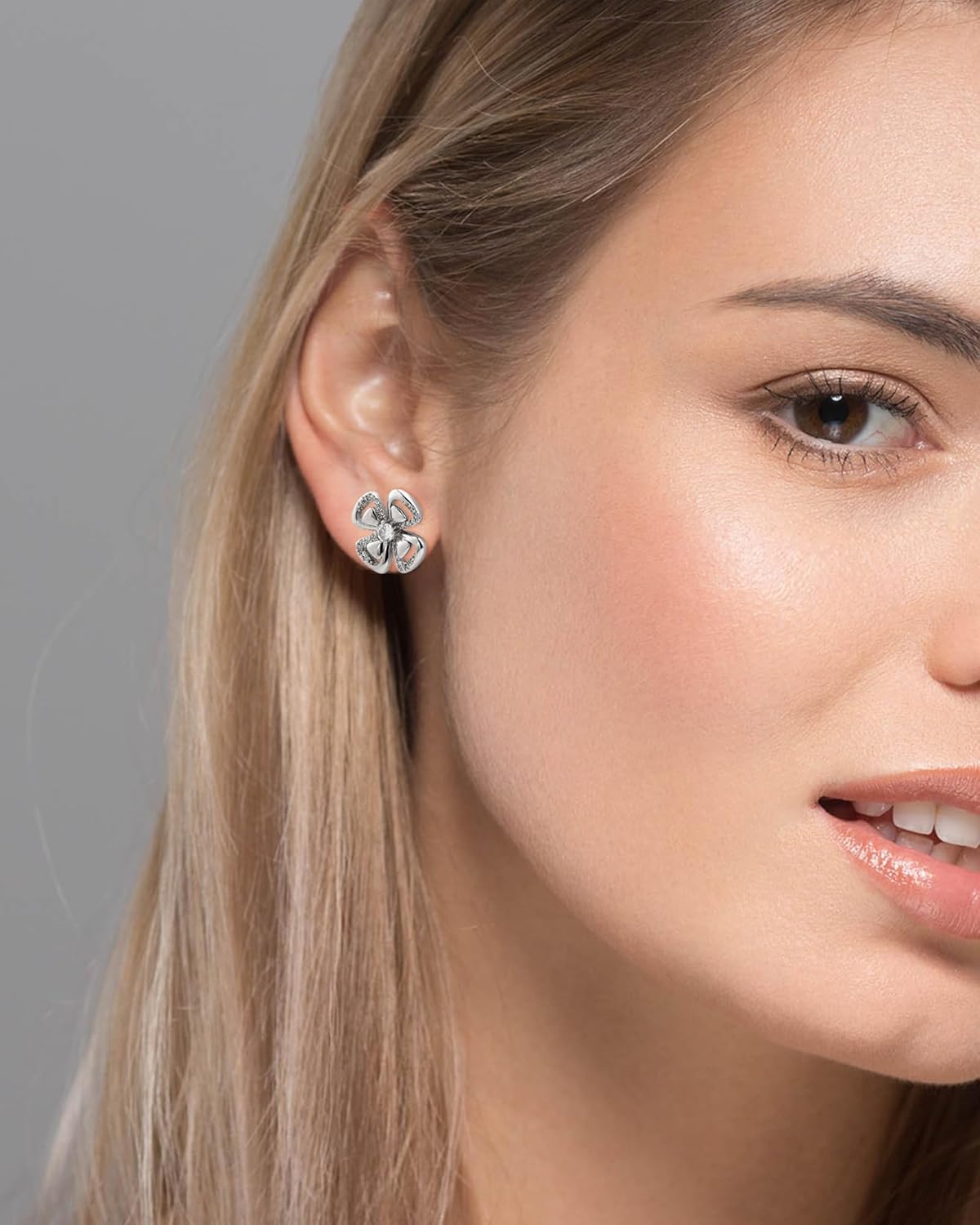 925 Sterling Silver Four Leaf Clover Floral Small Simple Stud Cubic Zirconia Minimalist Hypoallergenic Earrings for Office Women - Image 2