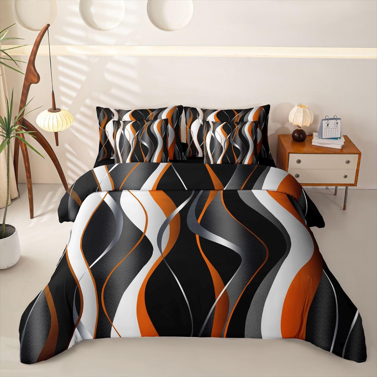 Loussiesd Juego de funda de edredón de 7 piezas, diseño geométrico en espiral, color naranja, gris y negro, juego de ropa de cama con funda de edredón, sábanas, fundas de almohada y fundas de cojín