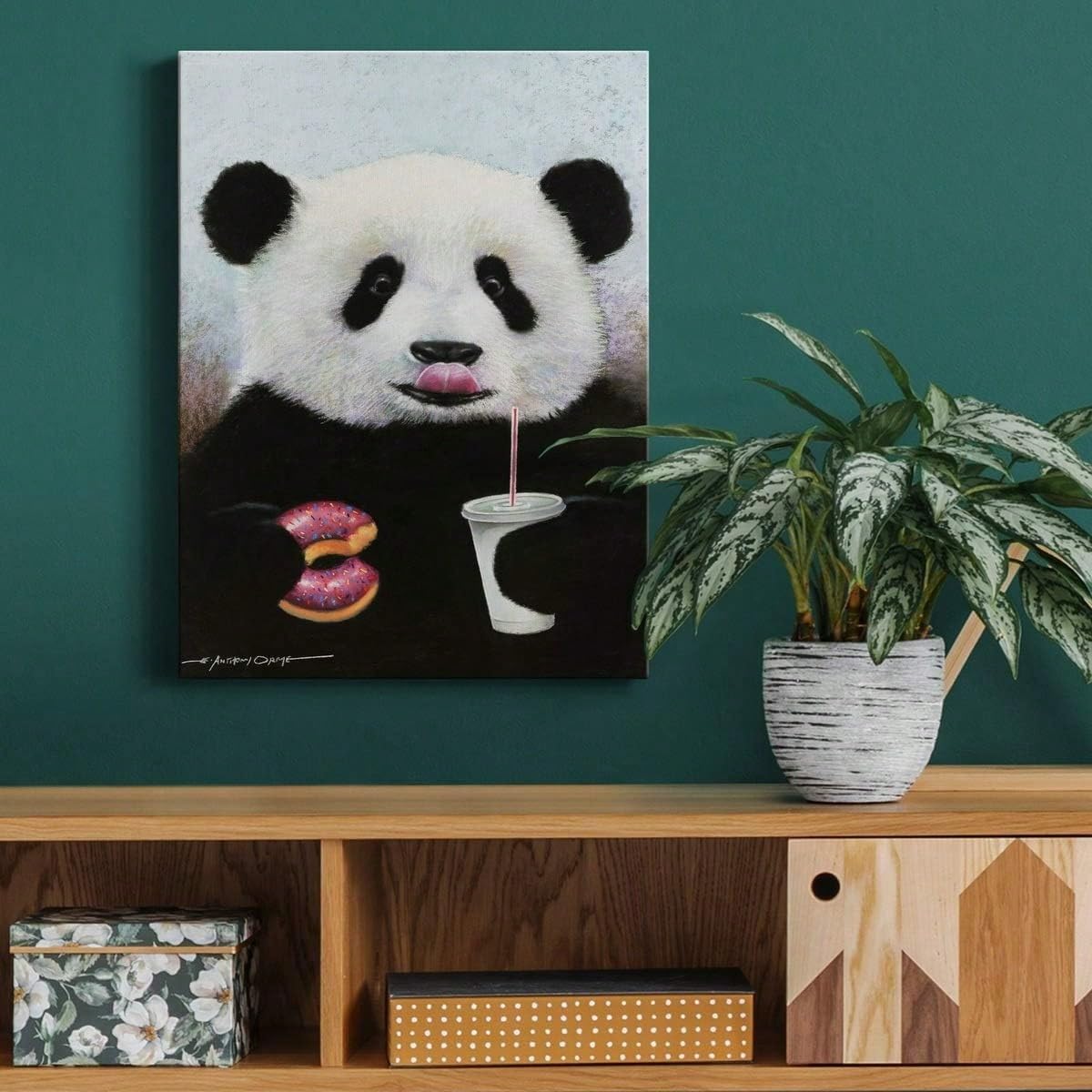 AIHNBF Divertido mural de panda con donut y bebida, bonito lienzo de dibujos animados para habitación infantil y bebé, 50 x 75 cm